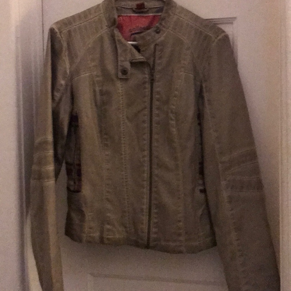 Vegan leather moto jacket w/ plaid on back